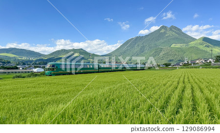 Yufuin - Yufu-no-Mori, running through the countryside with fresh greenery and Mt. Yufu Yufuin - Yufu-no-Mori, running through the countryside with fresh greenery and Mt. Yufu 129086994