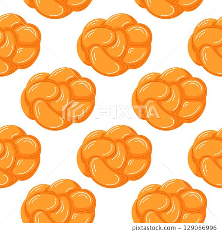 Seamless pattern with braided challah bread bun on white background in cartoon style. Perfect for bakery packaging, food design menus and kitchen textile. Seamless pattern with braided challah bread bun on white background in cartoon style. Perfect for bakery packaging, food design menus and kitchen textile. 129086996