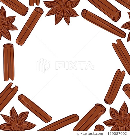 Flat style cinnamon sticks and star anise frame isolated on white background. Colorful spice illustration for recipes book, food packaging and autumn seasonal decorative culinary themed projects. Flat style cinnamon sticks and star anise frame isolated on white background. Colorful spice illustration for recipes book, food packaging and autumn seasonal decorative culinary themed projects. 129087002