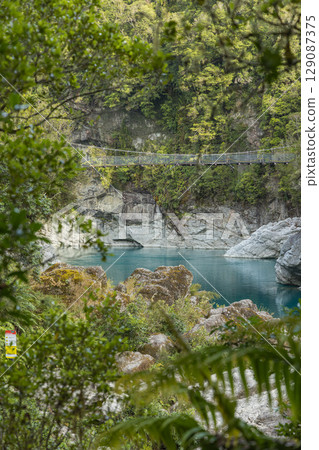 紐西蘭西海岸霍基蒂卡峽谷河上的一座吊橋 129087375