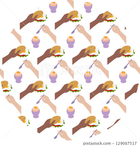 European and Afro American People Hands Hold Egg Sandwich and Soft Boiled Egg Pattern on Circle Fond 129087517