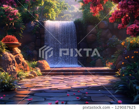 Verdant foliage surrounding cascading waterfall, vibrant blooms highlighting tranquil pond scene with dreamy, ethereal landscape composition 129087625