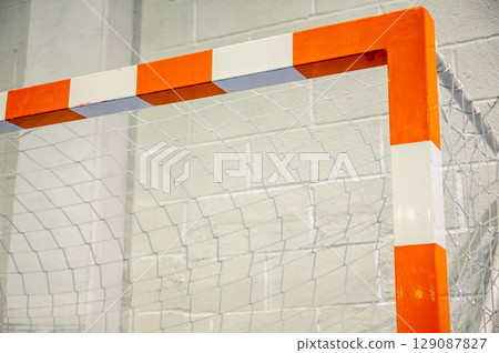 Close up view of a futsal top corner in indoor court 129087827