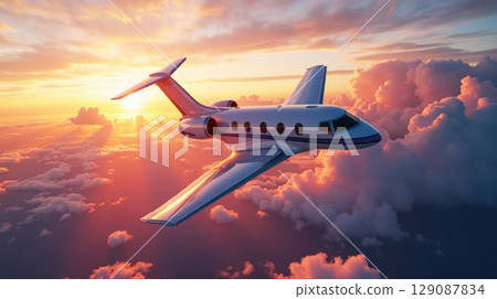 Futuristic passenger jet in cloud-filled sky 129087834