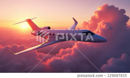 Futuristic passenger jet in cloud-filled sky 129087835