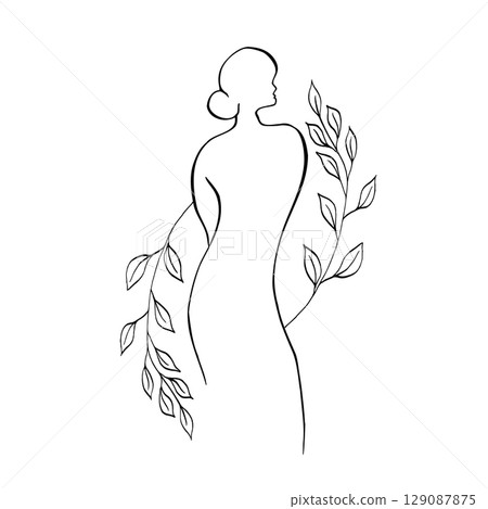 Vector Elegant female with leaves. Hand painted linear contour branch. Graphic clipart isolated. Botanical, tattoo and wedding illustration. For designers, invitations, decoration, postcards, wrapping Vector Elegant female with leaves. Hand painted linear contour branch. Graphic clipart isolated. Botanical, tattoo and wedding illustration. For designers, invitations, decoration, postcards, wrapping 129087875