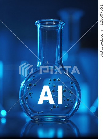 Illuminated AI in lab glassware with molecule structures. Scientists in bright lab, enhancing research through artificial intelligence 129087951