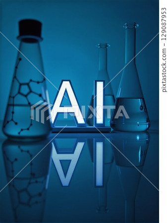 Illuminated AI in lab glassware with molecule structures. Scientists in bright lab, enhancing research through artificial intelligence 129087953