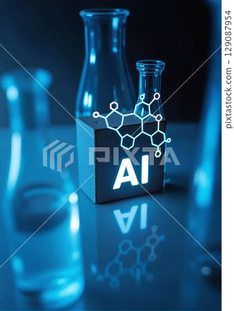 Illuminated AI in lab glassware with molecule structures. Scientists in bright lab, enhancing research through artificial intelligence 129087954
