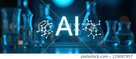 Illuminated AI in lab glassware with molecule structures. Scientists in bright lab, enhancing research through artificial intelligence 129087957