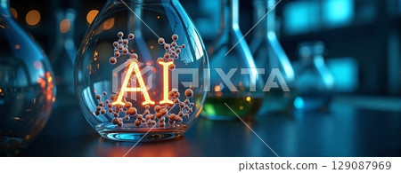 Illuminated AI in lab glassware with molecule structures. Scientists in bright lab, enhancing research through artificial intelligence 129087969