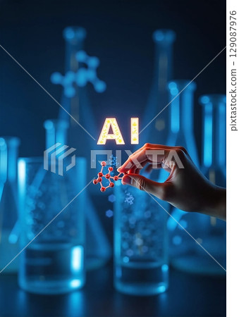 Illuminated AI in lab glassware with molecule structures. Scientists in bright lab, enhancing research through artificial intelligence 129087976