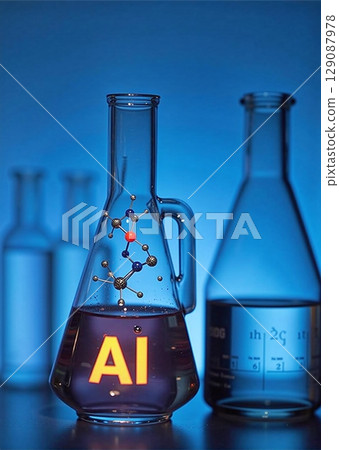 Illuminated AI in lab glassware with molecule structures. Scientists in bright lab, enhancing research through artificial intelligence 129087978