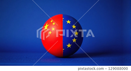 Globe split in China & EU flag symbolizes economic ties, competition in globalization and contrasts cooperation and rivalry 129088000