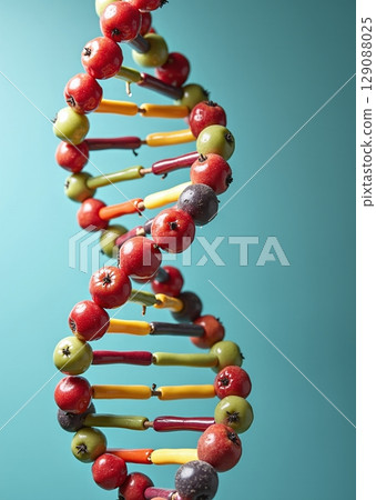 A vibrant DNA helix made of colorful fruits, symbolizing the vital role of fruit nutrients in cellular development and division 129088025
