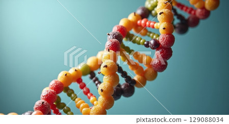 A vibrant DNA helix made of colorful fruits, symbolizing the vital role of fruit nutrients in cellular development and division 129088034