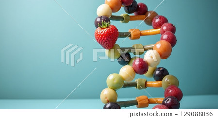 A vibrant DNA helix made of colorful fruits, symbolizing the vital role of fruit nutrients in cellular development and division 129088036