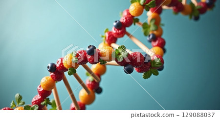A vibrant DNA helix made of colorful fruits, symbolizing the vital role of fruit nutrients in cellular development and division A vibrant DNA helix made of colorful fruits, symbolizing the vital role of fruit nutrients in cellular development and division 129088037