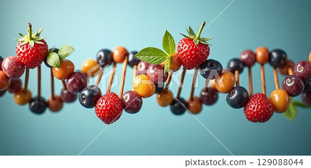 A vibrant DNA helix made of colorful fruits, symbolizing the vital role of fruit nutrients in cellular development and division 129088044
