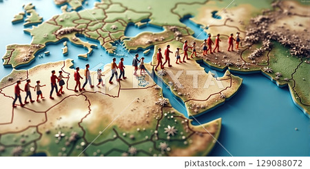 Diverse people traverse a world map, depicting global migration due to economic, crisis, war, and environmental factors 129088072