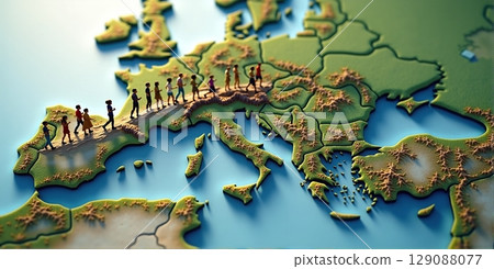 Diverse people traverse a world map, depicting global migration due to economic, crisis, war, and environmental factors 129088077