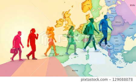 Diverse people traverse a world map, depicting global migration due to economic, crisis, war, and environmental factors 129088078