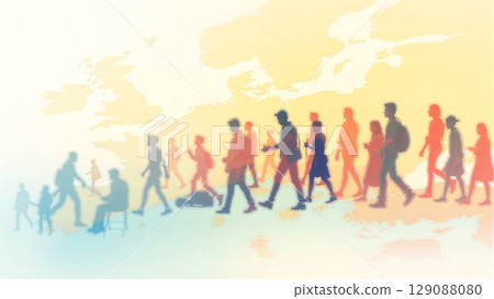 Diverse people traverse a world map, depicting global migration due to economic, crisis, war, and environmental factors 129088080