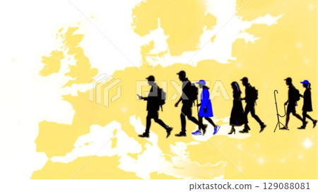 Diverse people traverse a world map, depicting global migration due to economic, crisis, war, and environmental factors 129088081