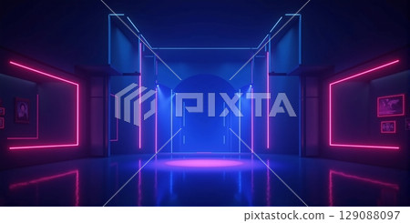 A mesmerizing dark blue stage pulsates with vibrant neon lights, electric lines dancing across the luminous, futuristic backdrop 129088097