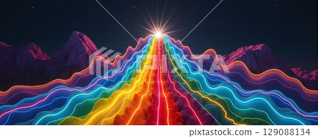 A vibrant, glowing path winds its way to the summit of freestanding, colorful mountains, guiding adventurers to new heights 129088134