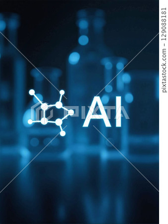 Illuminated AI in lab glassware with molecule structures. Scientists in bright lab, enhancing research through artificial intelligence 129088181