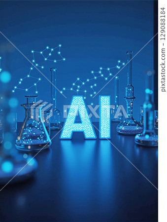 Illuminated AI in lab glassware with molecule structures. Scientists in bright lab, enhancing research through artificial intelligence 129088184