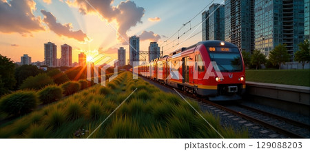 Sleek commuter train glides through sunset-lit cityscape, blending modern architecture, lush greenery, and urban bustle in a vibrant scene 129088203