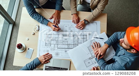 Architects at desk with blueprints, sketches, laptops. Team reviews project plans on-site. Collaboration in office and field 129088208