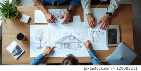 Architects at desk with blueprints, sketches, laptops. Team reviews project plans on-site. Collaboration in office and field Architects at desk with blueprints, sketches, laptops. Team reviews project plans on-site. Collaboration in office and field 129088211
