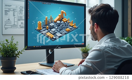 Engineer designs virtual components on a monitor, surrounded by tech parts. Wall displays digital blueprints and construction plans 129088218