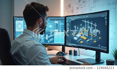 Engineer designs virtual components on a monitor, surrounded by tech parts. Wall displays digital blueprints and construction plans 129088221