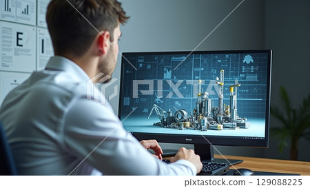 Engineer designs virtual components on a monitor, surrounded by tech parts. Wall displays digital blueprints and construction plans 129088225