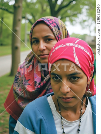 Confident women proudly wear headscarves, embracing cultural identity with warm smiles and graceful dignity 129088240
