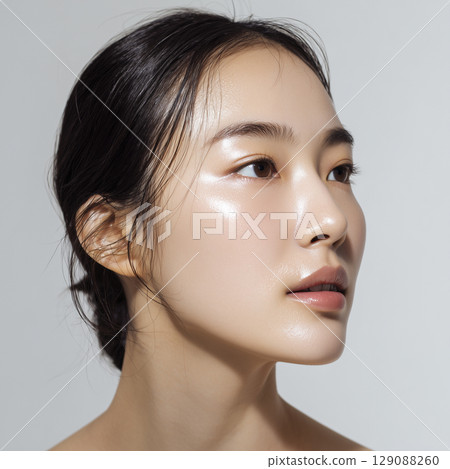 特寫鏡頭：一位女性的臉部，塗抹美容精華液後，皮膚變得濕潤 129088260