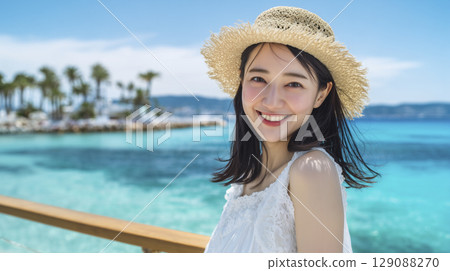 Woman enjoying vacation at summer resort 129088270