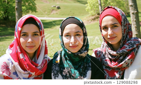 Confident women proudly wear headscarves, embracing cultural identity with warm smiles and graceful dignity 129088298