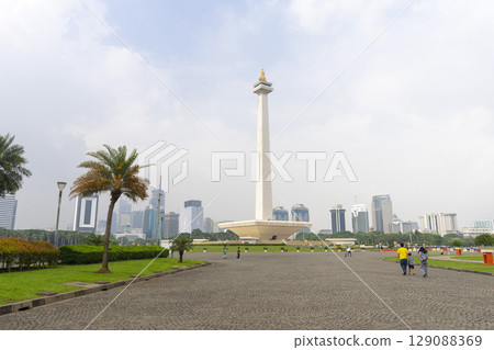 The National Monument is a 132m tower in the centre of Merdeka Square in Jakarta, Indonesia  129088369