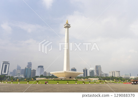 The National Monument is a 132m tower in the centre of Merdeka Square in Jakarta, Indonesia The National Monument is a 132m tower in the centre of Merdeka Square in Jakarta, Indonesia 129088370