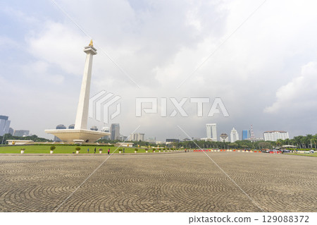 The National Monument is a 132m tower in the centre of Merdeka Square in Jakarta, Indonesia  129088372