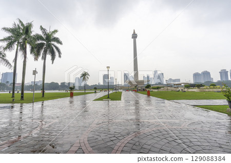 The National Monument is a 132m tower in the centre of Merdeka Square in Jakarta, Indonesia  129088384