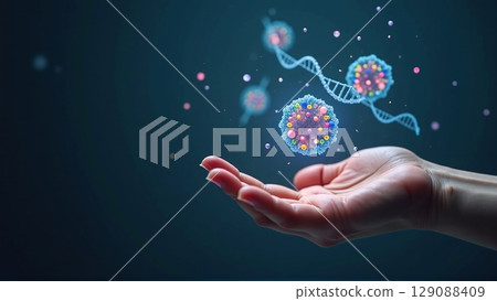 DNA strand with vibrant molecules, encased in lipid, hovers above a palm symbolizing genomic breakthroughs 129088409