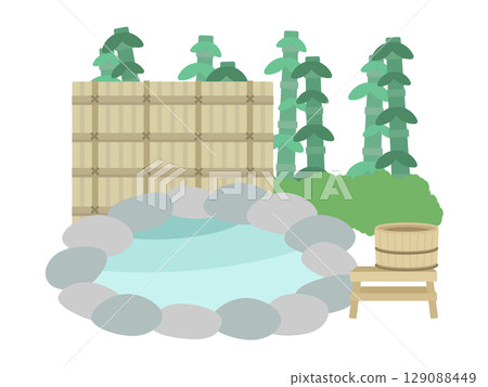 Open-air bath, hot spring, bamboo, bamboo fence, bamboo fence, wooden bathtub, chair, illustration 129088449