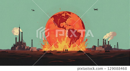 A fiery Earth burns, scorched by industry and technology. Smokestacks belch pollution, oil pumps churn as fossil fuels grill our planet 129088468