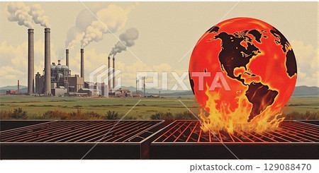 A fiery Earth burns, scorched by industry and technology. Smokestacks belch pollution, oil pumps churn as fossil fuels grill our planet 129088470